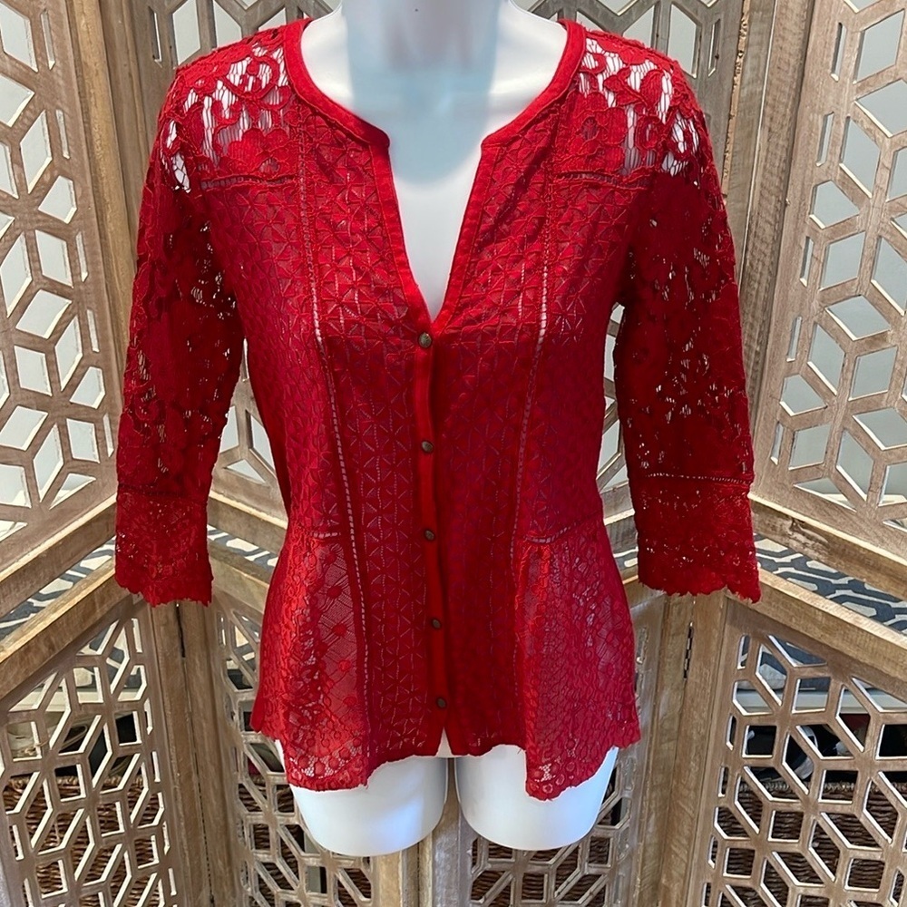 Lucky Brand Lace Mix 3/4 Length Sleeve size XS Top - Picture 6 of 16